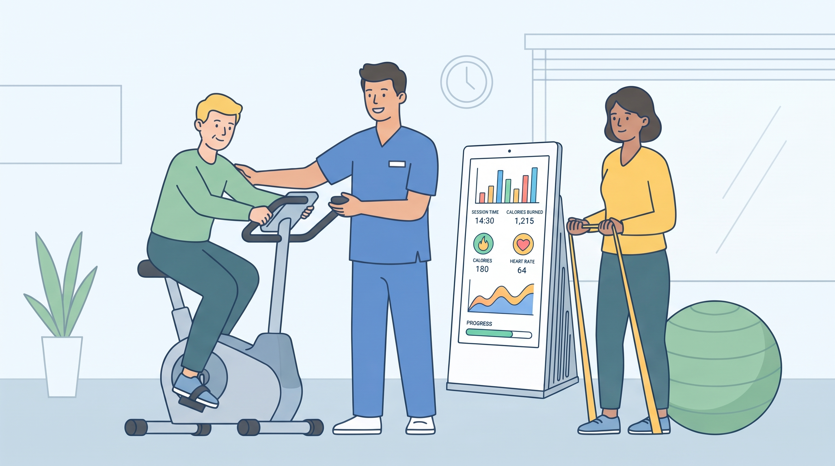 Übersichtlicher Trainingsbereich einer Physiotherapiepraxis mit mehreren Stationen und freien Laufwegen.