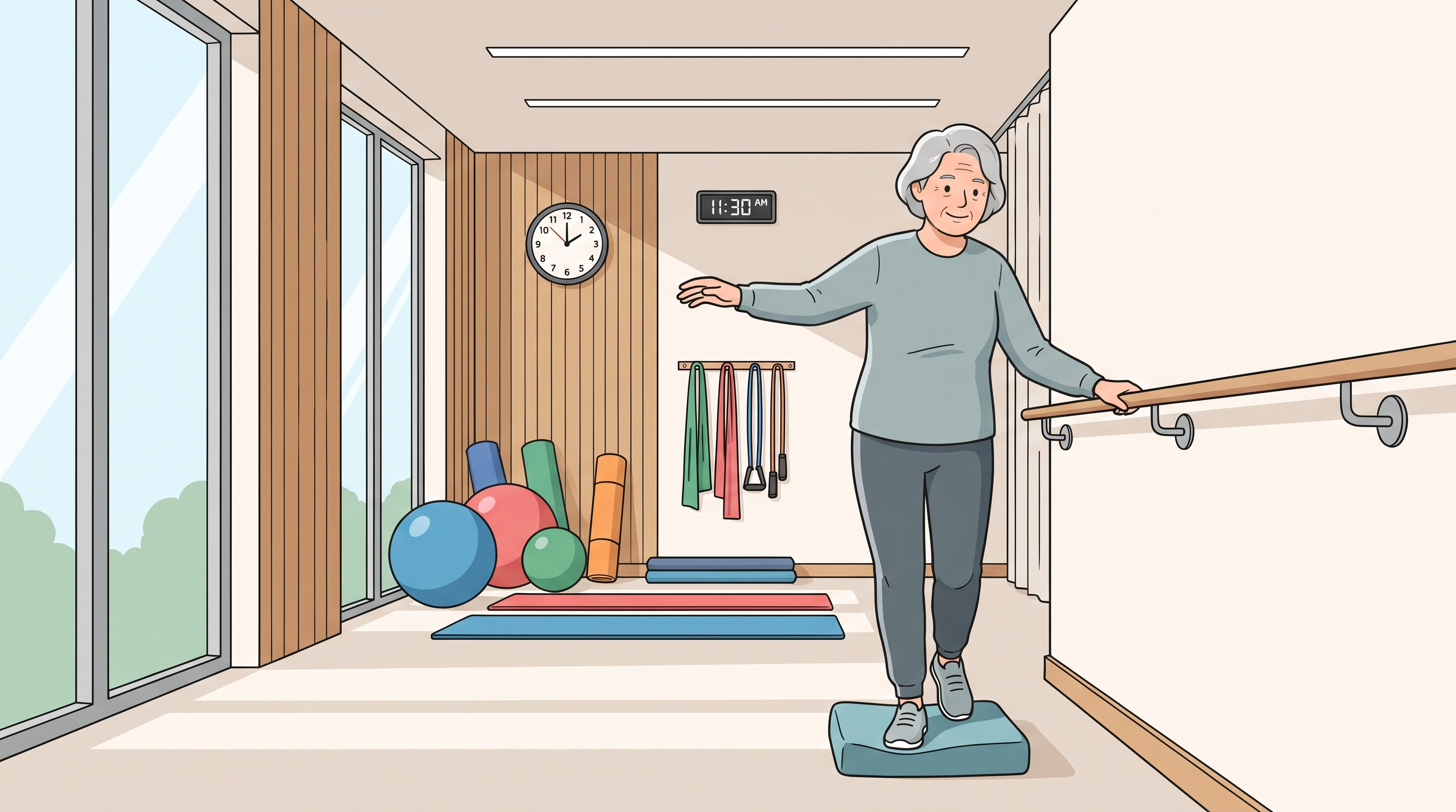 Patientin übt selbstständig an einer digitalen Trainingsstation in einem hellen Therapieraum einer Rehaklinik.