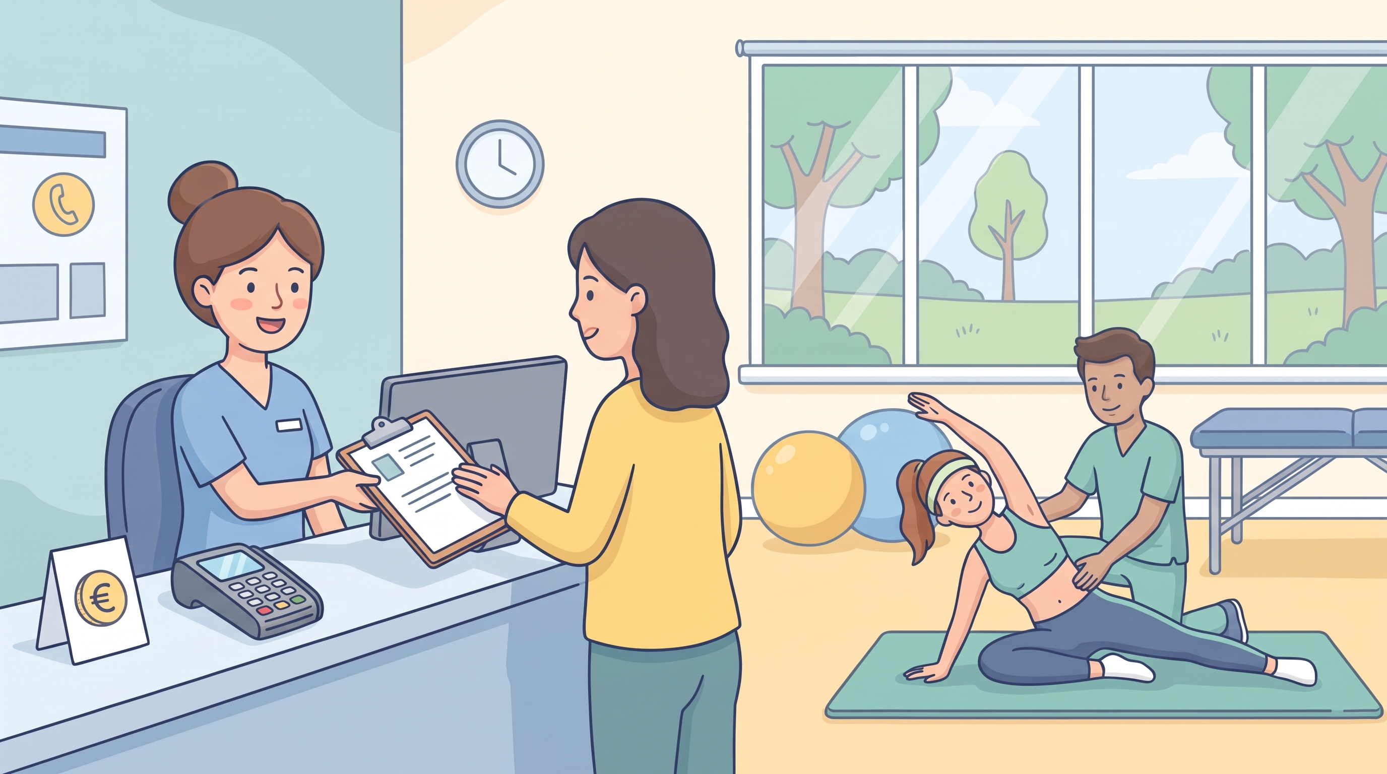Therapeutin und Praxisinhaber besprechen an einem Tisch Unterlagen zur Planung eines neuen Kursangebots in einer Physiotherapiepraxis.