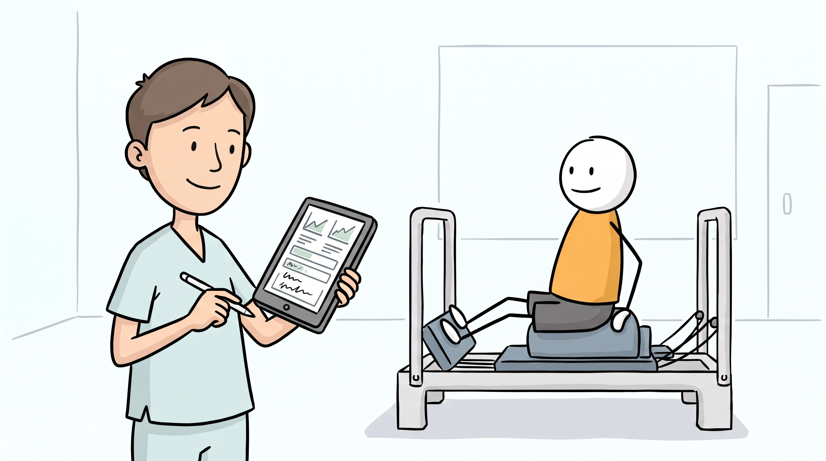 Therapeutin notiert Belastungsparameter an einem Tablet neben einem Trainingsgerät im Behandlungsraum.