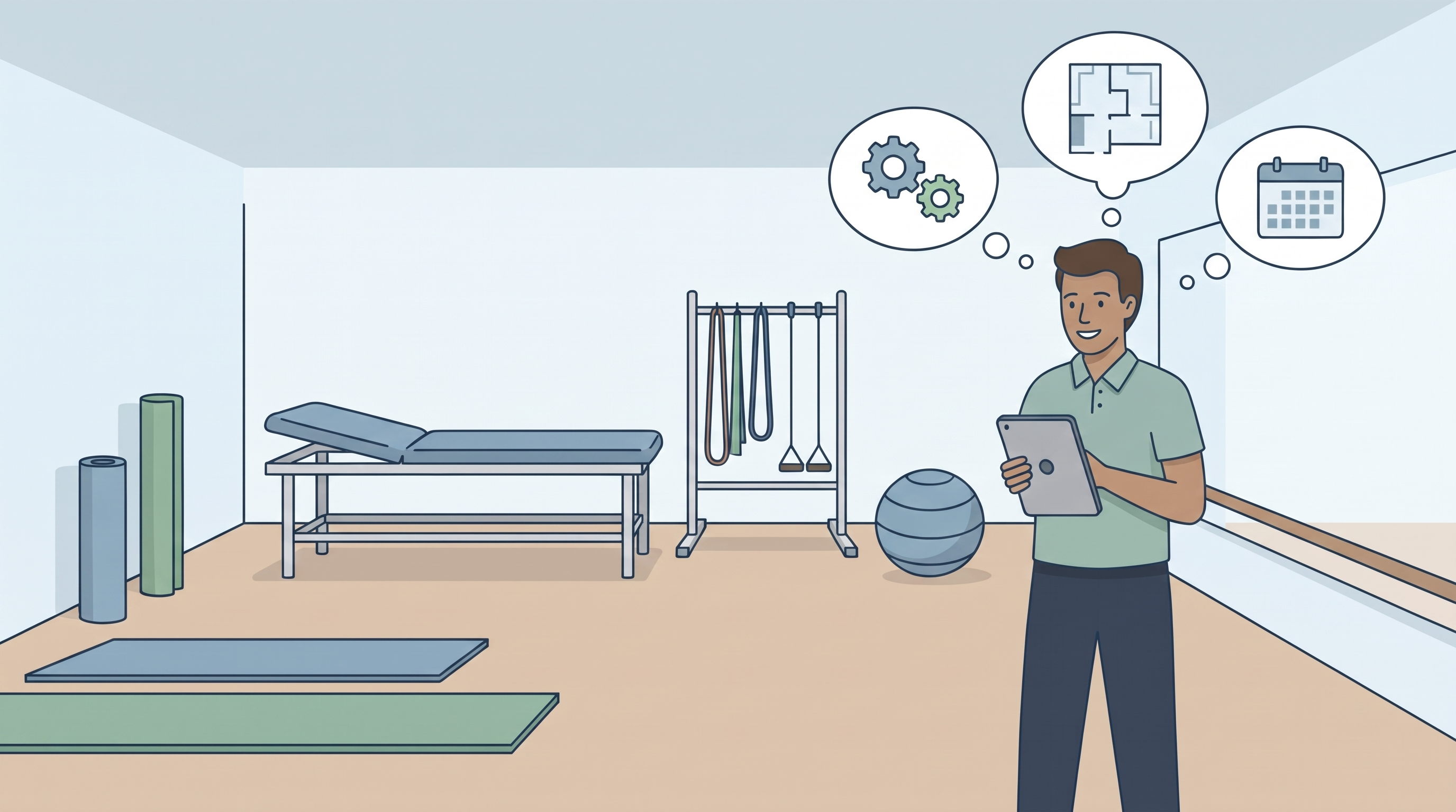Trainingsfläche einer Physiotherapiepraxis mit Geräten, daneben ein Schreibtisch mit Kalkulationsunterlagen.